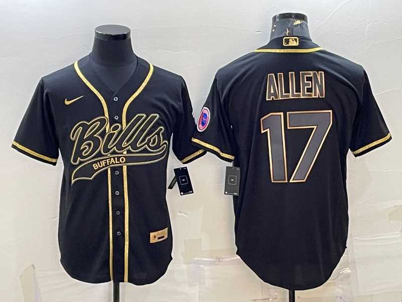 Mens Buffalo Bills #17 Josh Allen Black Gold With Patch Cool Base Stitched Baseball Jersey->buffalo bills->NFL Jersey